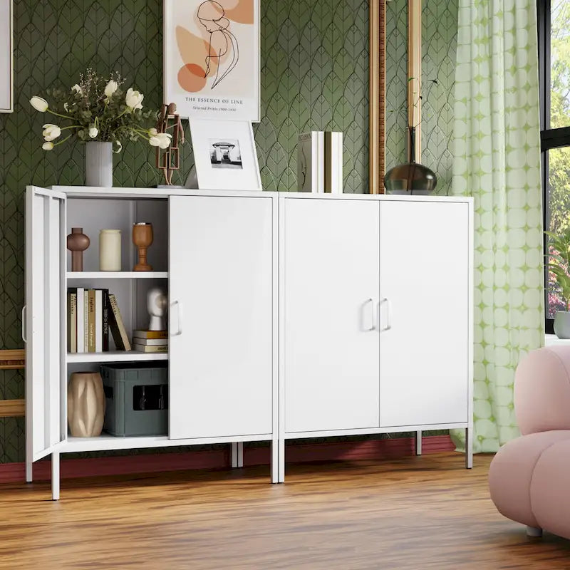 Armoire de rangement métallique 2 niveaux 4 portes vert armée/noir/blanc pour 1 personne