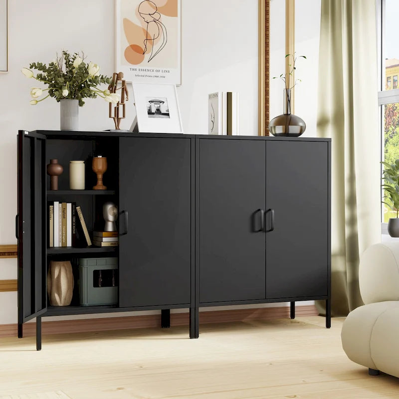 Armoire de rangement métallique 2 niveaux 4 portes vert armée/noir/blanc pour 1 personne