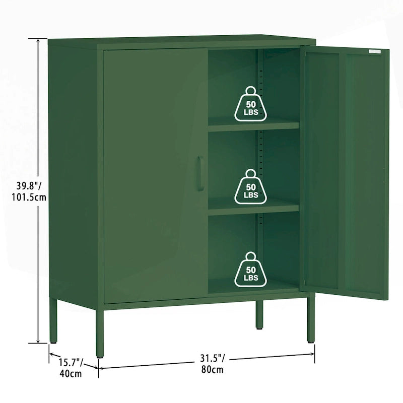 Armoire de rangement métallique 2 niveaux 4 portes vert armée/noir/blanc pour 1 personne