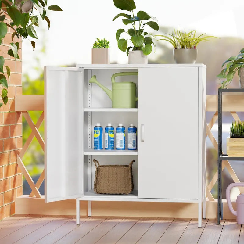 Armoire de rangement métallique 2 niveaux 4 portes vert armée/noir/blanc pour 1 personne