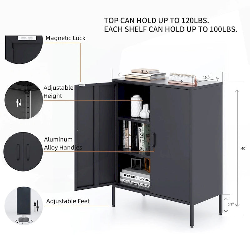 Armoire de rangement métallique 2 niveaux 4 portes vert armée/noir/blanc pour 1 personne