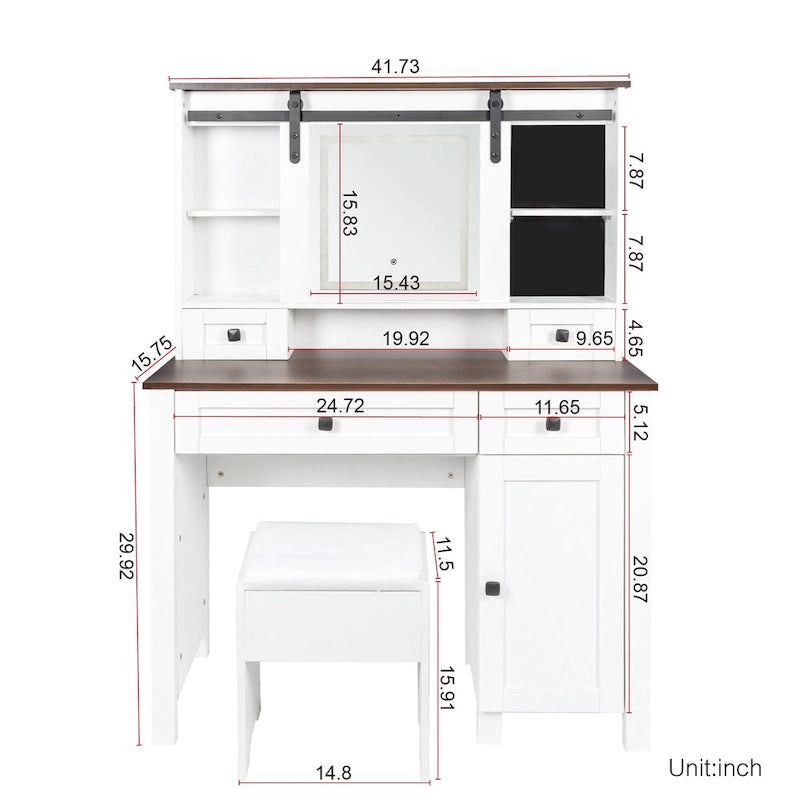 Coiffeuse blanche et noyer avec miroir LED, une place
