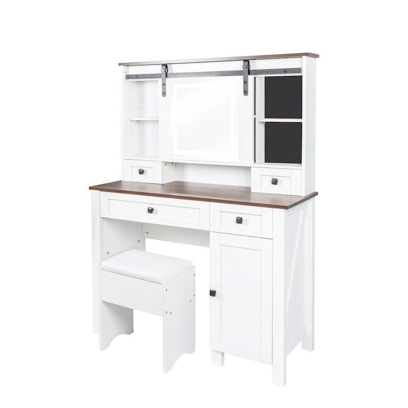 Coiffeuse blanche et noyer avec miroir LED, une place