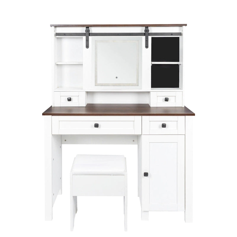 Coiffeuse blanche et noyer avec miroir LED, une place