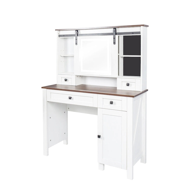 Coiffeuse en noyer et blanc avec miroir LED, une personne