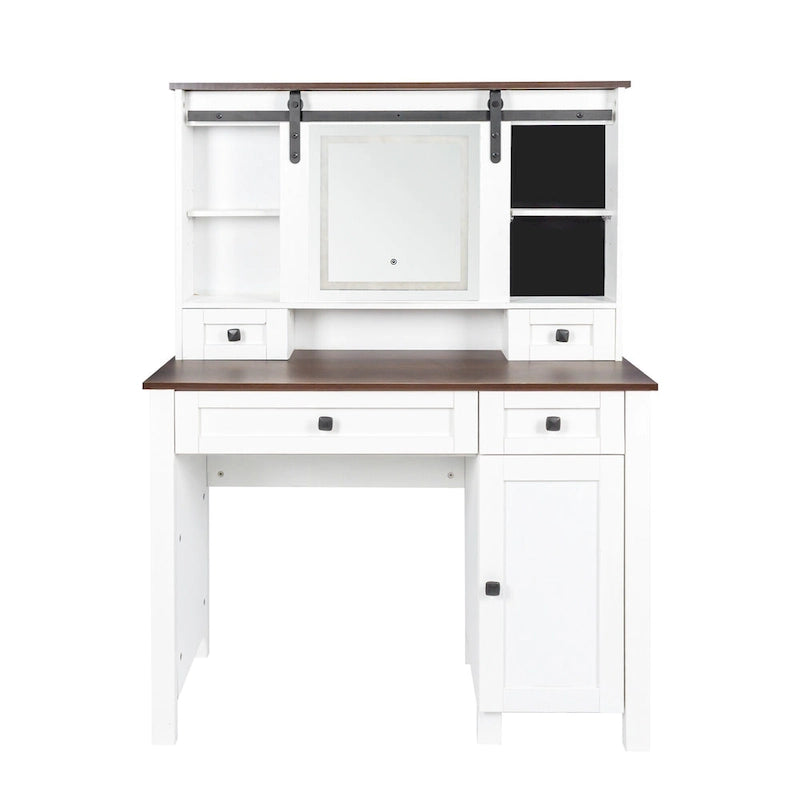Coiffeuse en noyer et blanc avec miroir LED, une personne