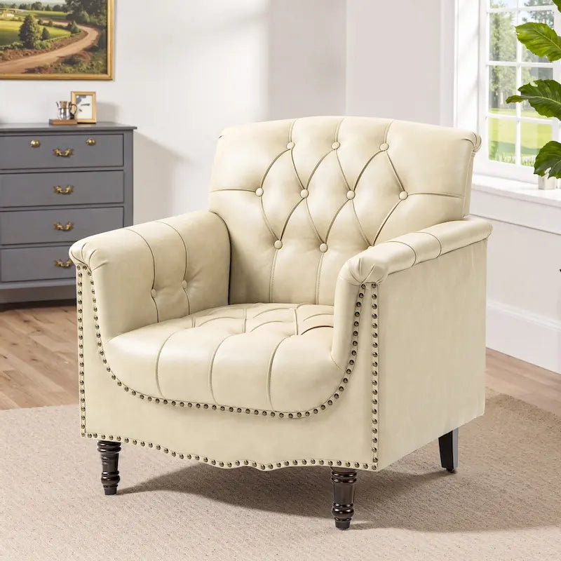 Fauteuil d'appoint capitonné 1 place en similicuir, marron / noir / camel / rouge foncé / bleu nuit / beige
