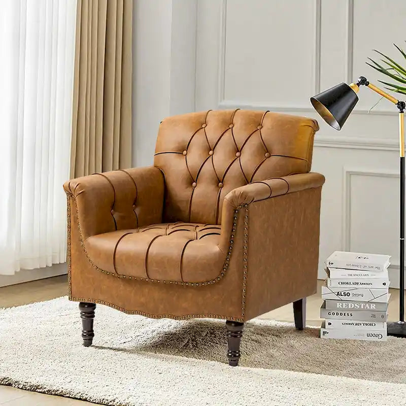 Fauteuil d'appoint capitonné 1 place en similicuir, marron / noir / camel / rouge foncé / bleu nuit / beige