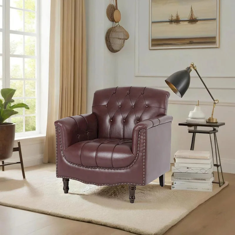 Fauteuil d'appoint capitonné 1 place en similicuir, marron / noir / camel / rouge foncé / bleu nuit / beige