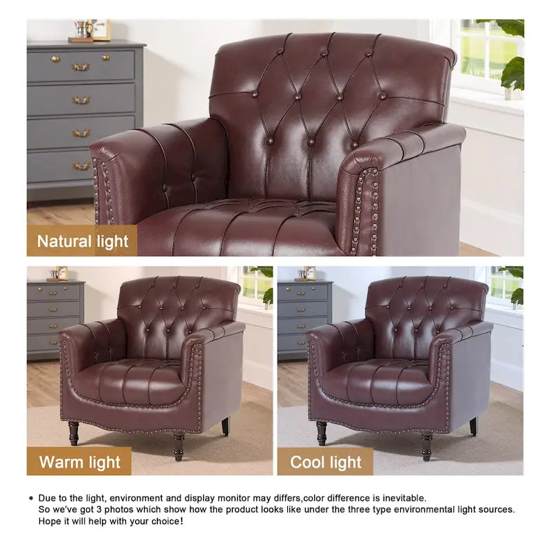 Fauteuil d'appoint capitonné 1 place en similicuir, marron / noir / camel / rouge foncé / bleu nuit / beige