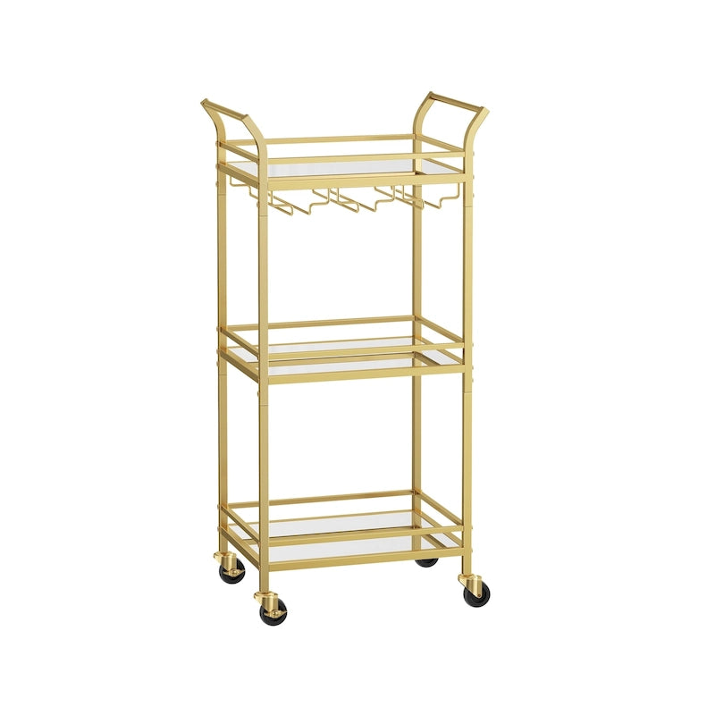 Chariot de Bar à 3 Niveaux Doré / Noir avec Étagères Miroir et Porte-Verres à Vin