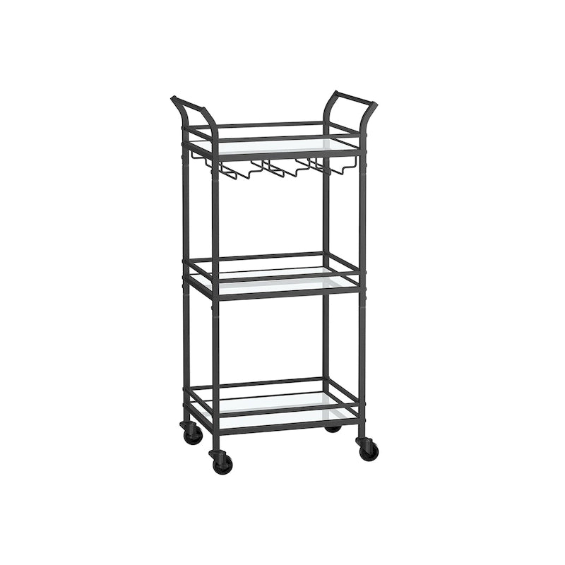 Chariot de Bar à 3 Niveaux Doré / Noir avec Étagères Miroir et Porte-Verres à Vin