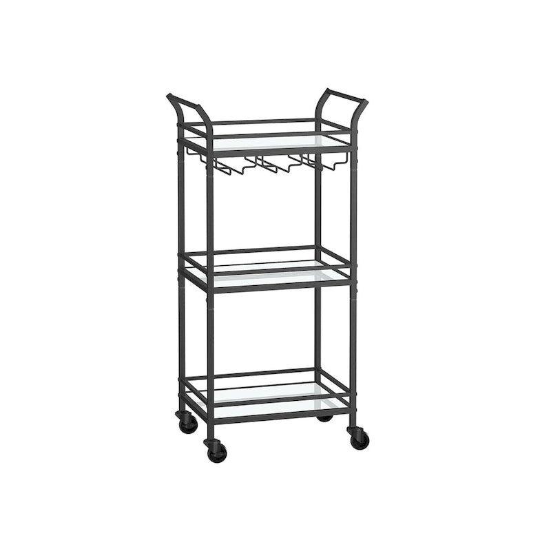 Chariot de Bar à 3 Niveaux Doré / Noir avec Étagères Miroir et Porte-Verres à Vin