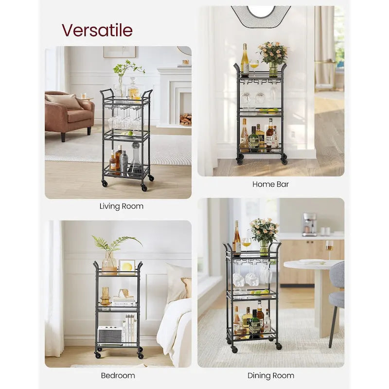 Chariot de Bar à 3 Niveaux Doré / Noir avec Étagères Miroir et Porte-Verres à Vin