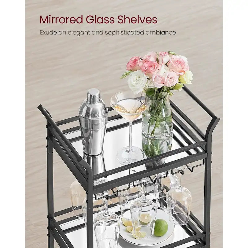 Chariot de Bar à 3 Niveaux Doré / Noir avec Étagères Miroir et Porte-Verres à Vin