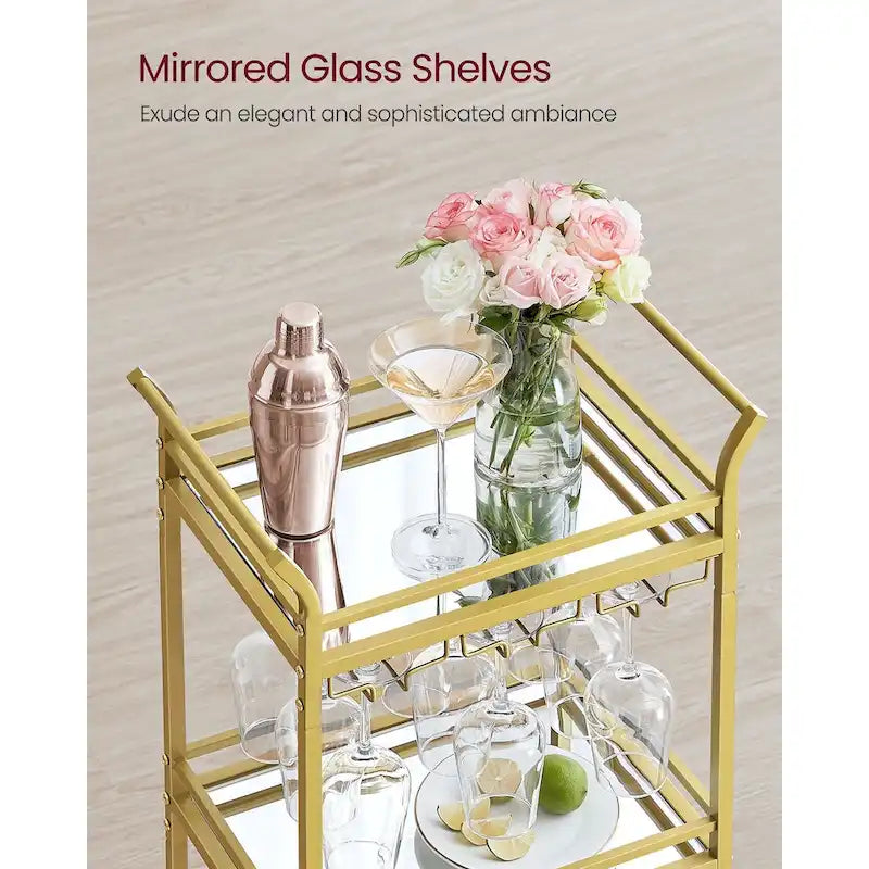 Chariot de Bar à 3 Niveaux Doré / Noir avec Étagères Miroir et Porte-Verres à Vin