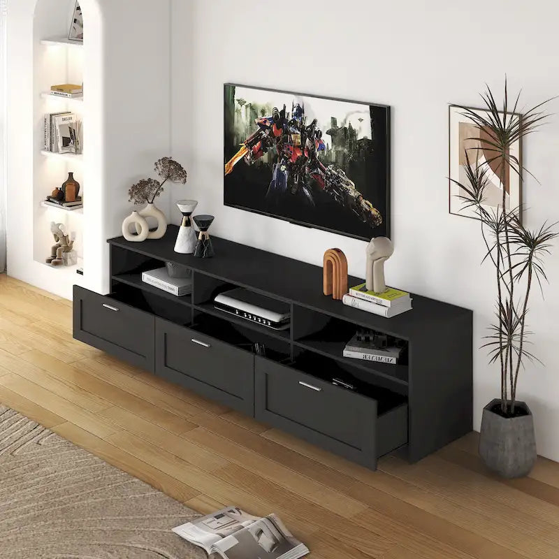 Meuble TV moderne et minimaliste noir de 178 cm avec rangement ouvert et tiroirs