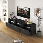 Meuble TV moderne et minimaliste noir de 178 cm avec rangement ouvert et tiroirs
