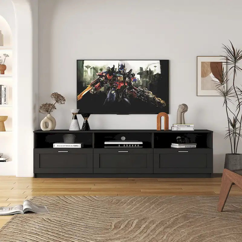 Meuble TV moderne et minimaliste noir de 178 cm avec rangement ouvert et tiroirs