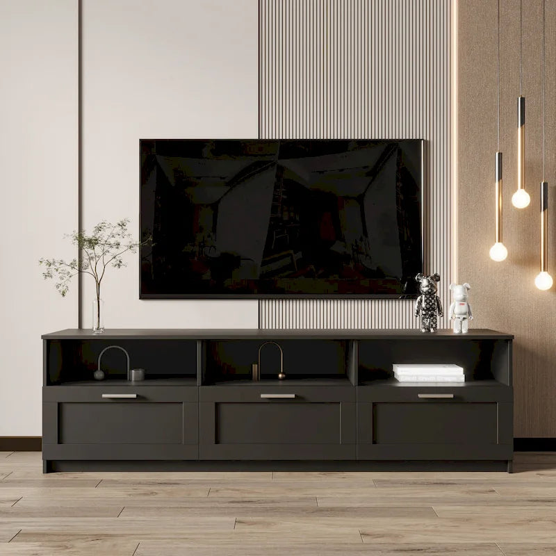 Meuble TV moderne et minimaliste noir de 178 cm avec rangement ouvert et tiroirs