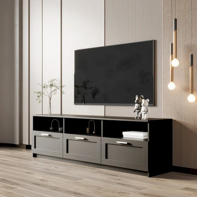 Meuble TV moderne et minimaliste noir de 178 cm avec rangement ouvert et tiroirs