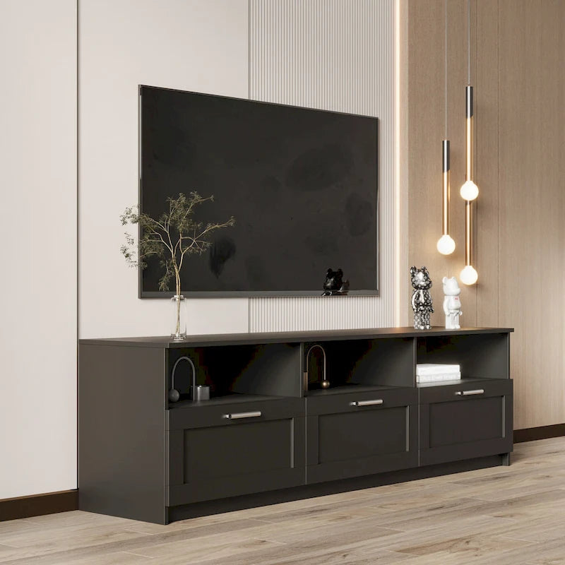 Meuble TV moderne et minimaliste noir de 178 cm avec rangement ouvert et tiroirs