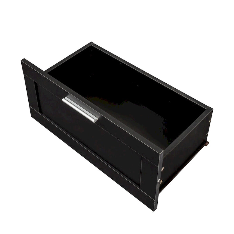 Meuble TV moderne et minimaliste noir de 178 cm avec rangement ouvert et tiroirs