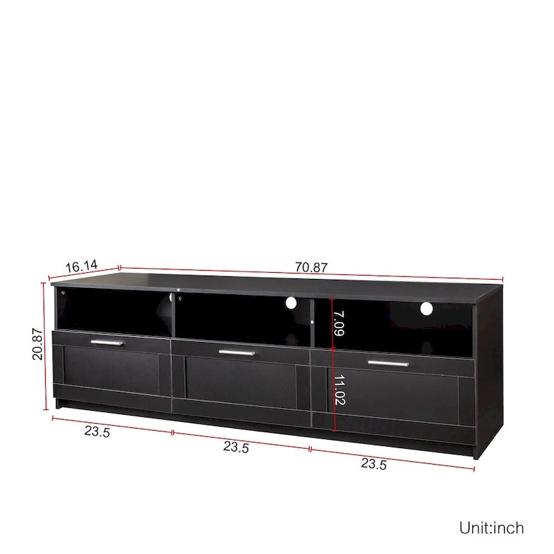 Meuble TV moderne et minimaliste noir de 178 cm avec rangement ouvert et tiroirs