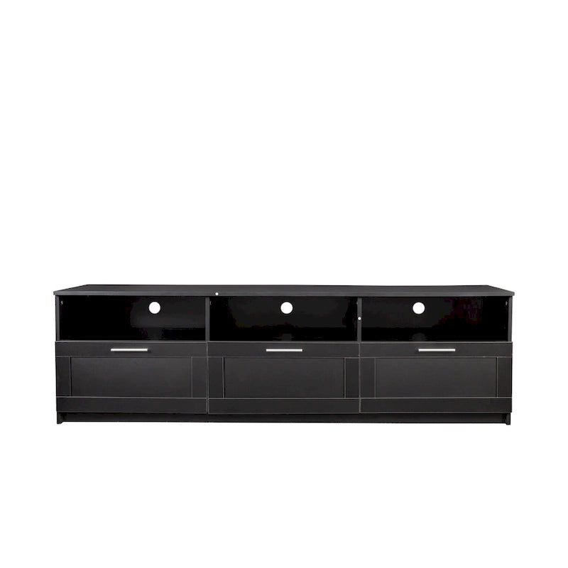 Meuble TV moderne et minimaliste noir de 178 cm avec rangement ouvert et tiroirs
