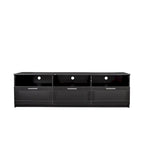Meuble TV moderne et minimaliste noir de 178 cm avec rangement ouvert et tiroirs