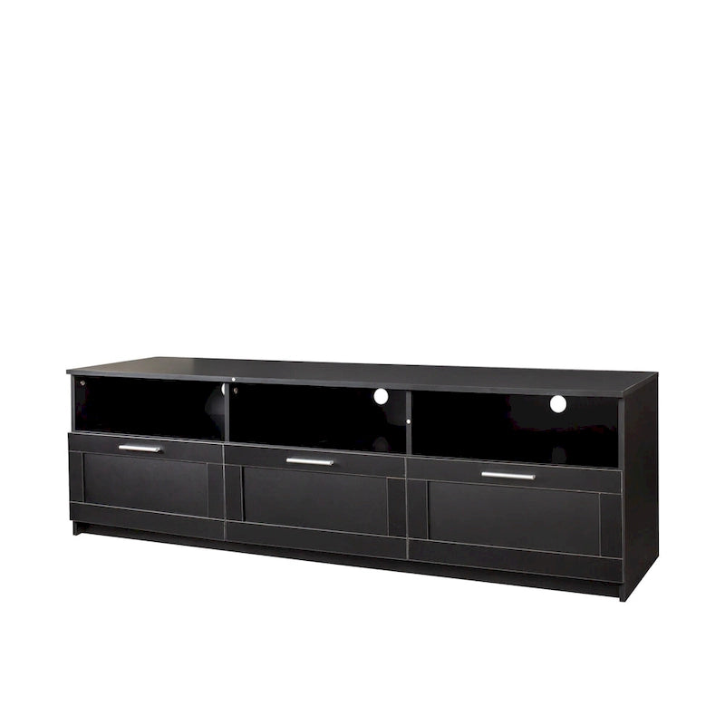Meuble TV moderne et minimaliste noir de 178 cm avec rangement ouvert et tiroirs