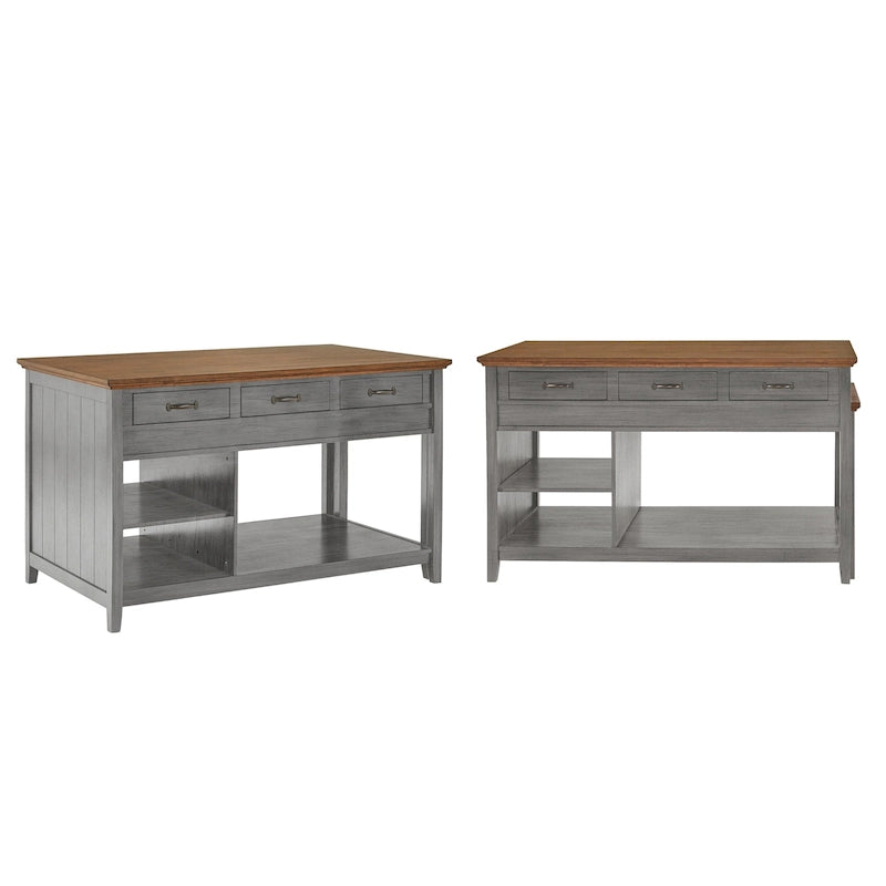 Îlot de cuisine extensible gris antique / noir / blanc avec 3 tiroirs, pour 2 à 4 personnes
