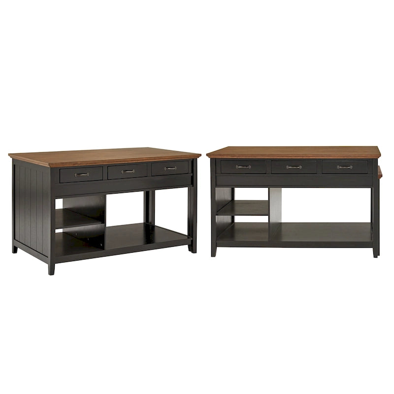 Îlot de cuisine extensible gris antique / noir / blanc avec 3 tiroirs, pour 2 à 4 personnes