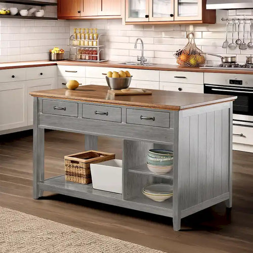 Îlot de cuisine extensible gris antique / noir / blanc avec 3 tiroirs, pour 2 à 4 personnes