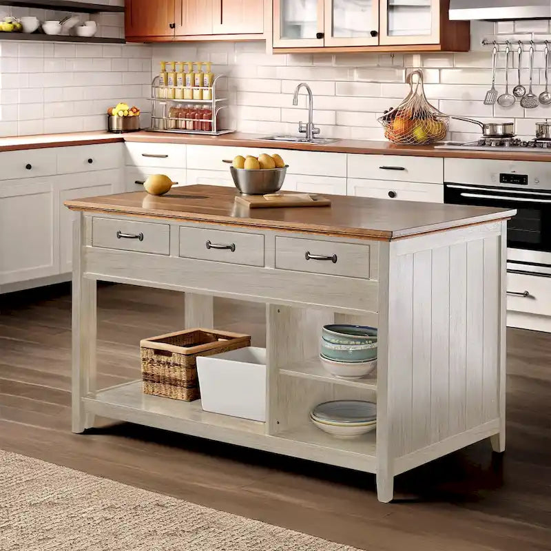 Îlot de cuisine extensible gris antique / noir / blanc avec 3 tiroirs, pour 2 à 4 personnes