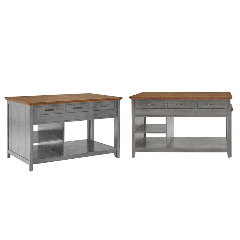 Îlot de cuisine extensible gris antique / noir / blanc avec 3 tiroirs, pour 2 à 4 personnes