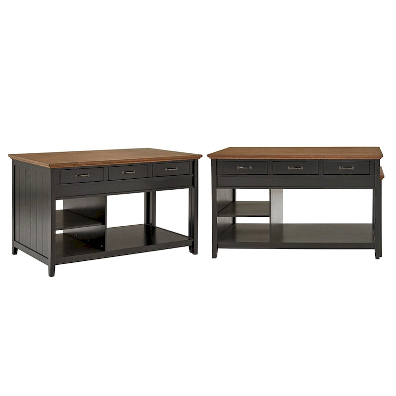 Îlot de cuisine extensible gris antique / noir / blanc avec 3 tiroirs, pour 2 à 4 personnes