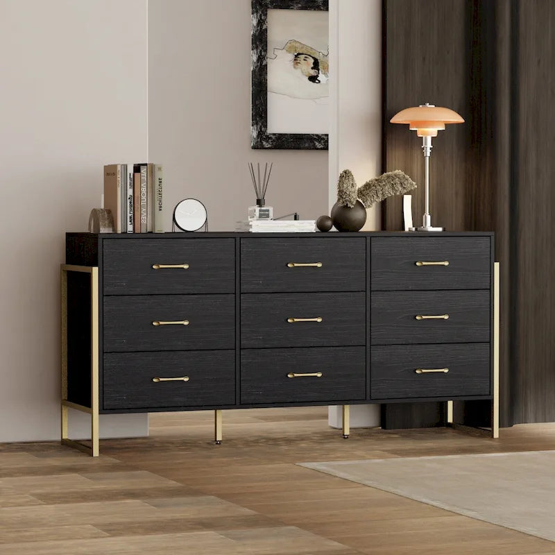 Commode noire/blanche à 9 tiroirs avec poignées dorées, modèle simple
