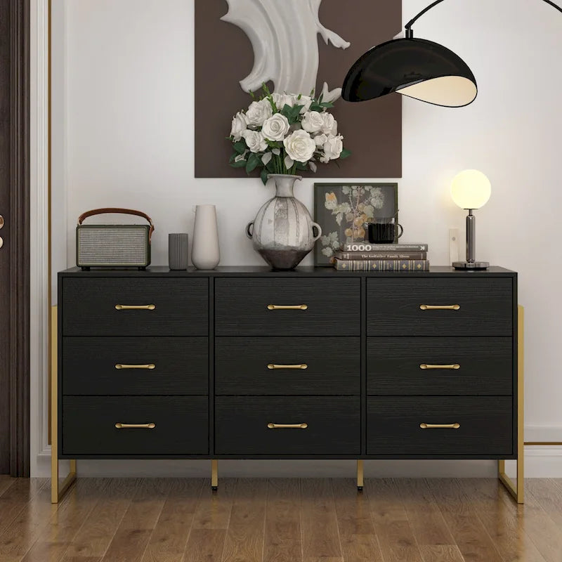 Commode noire/blanche à 9 tiroirs avec poignées dorées, modèle simple