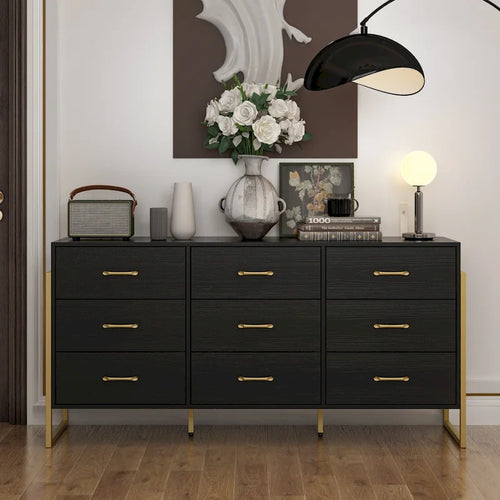 Commode noire et blanche à 9 tiroirs avec poignées dorées, simple