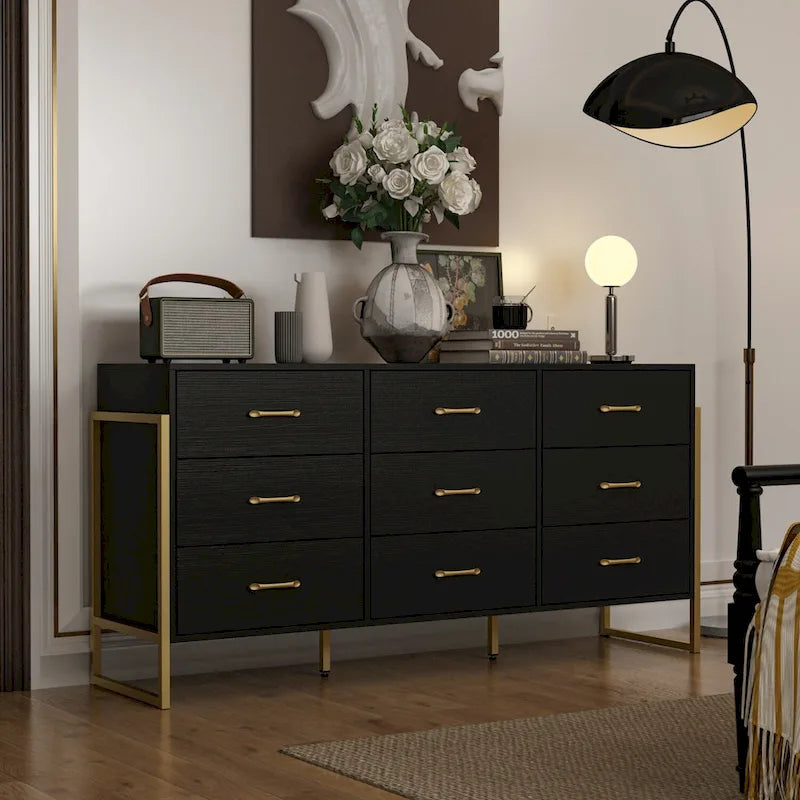 Commode noire/blanche à 9 tiroirs avec poignées dorées, modèle simple
