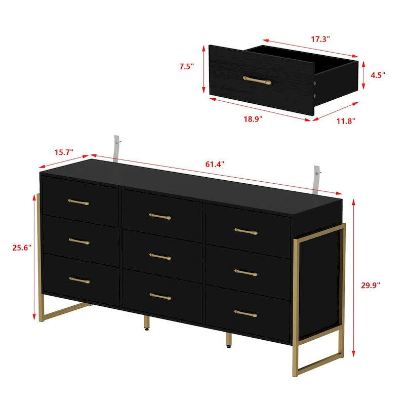 Commode noire/blanche à 9 tiroirs avec poignées dorées, modèle simple