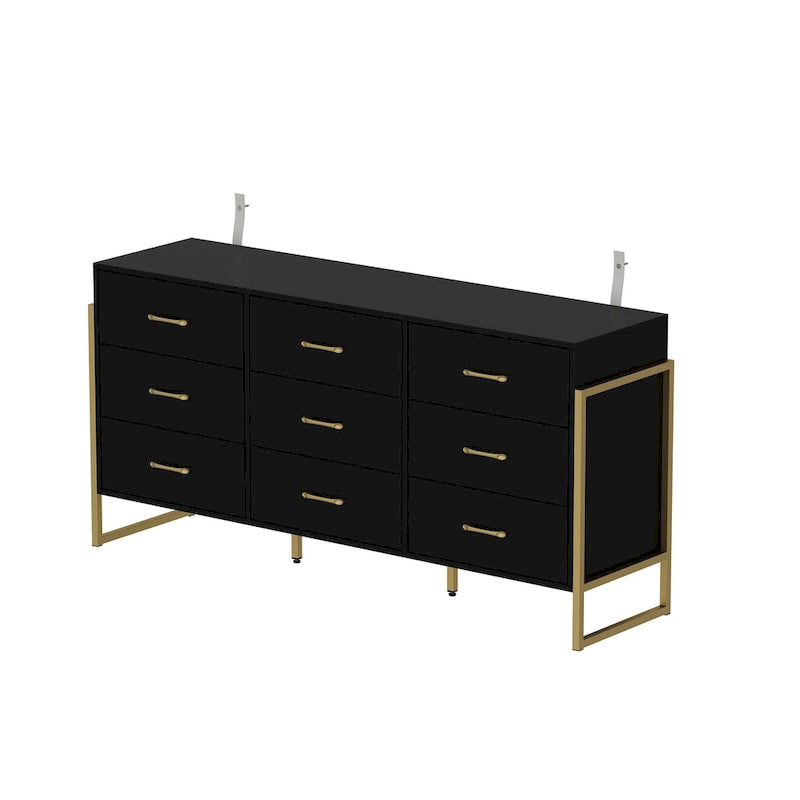 Commode noire et blanche à 9 tiroirs avec poignées dorées, simple