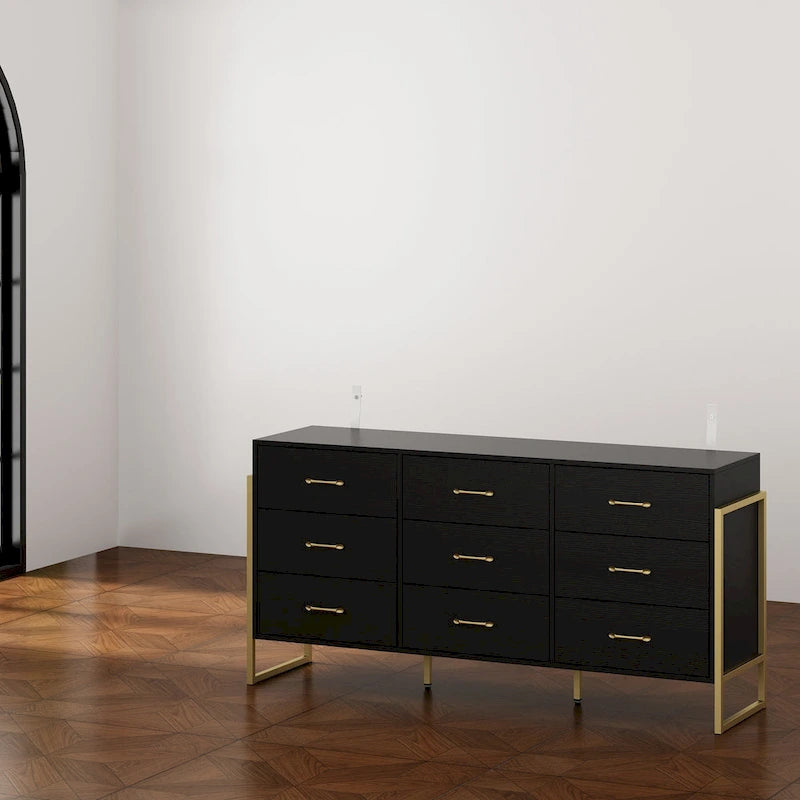 Commode noire et blanche à 9 tiroirs avec poignées dorées, simple