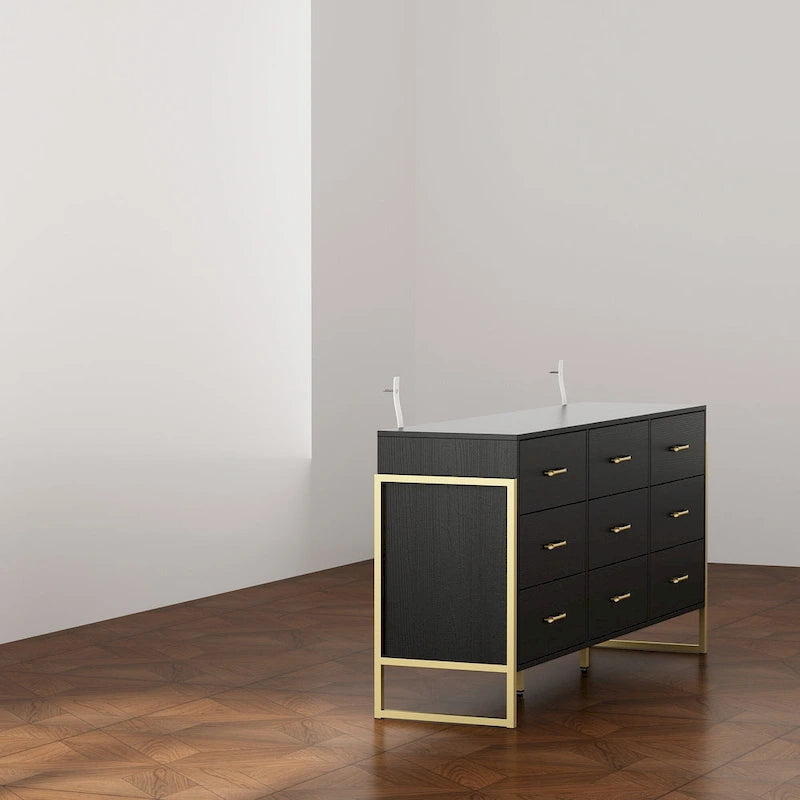 Commode noire et blanche à 9 tiroirs avec poignées dorées, simple