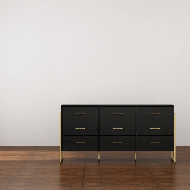 Commode noire et blanche à 9 tiroirs avec poignées dorées, simple