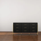 Commode noire et blanche à 9 tiroirs avec poignées dorées, simple