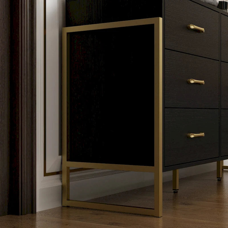 Commode noire et blanche à 9 tiroirs avec poignées dorées, simple