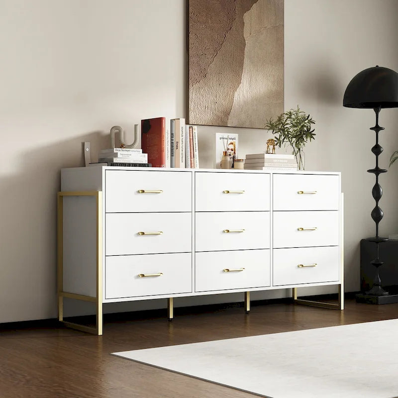 Commode noire et blanche à 9 tiroirs avec poignées dorées, simple