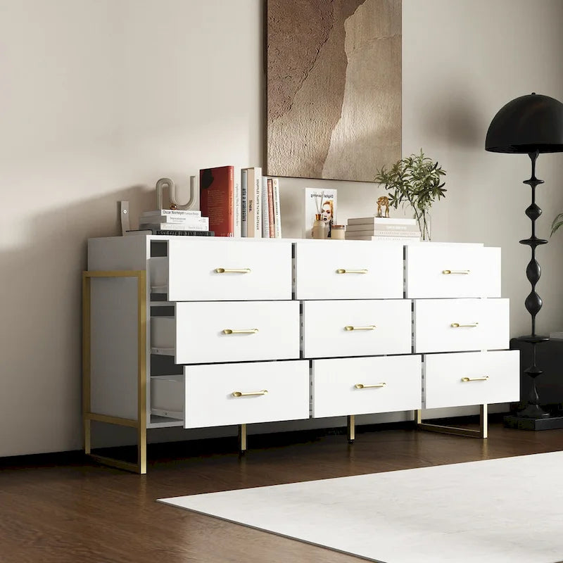 Commode noire et blanche à 9 tiroirs avec poignées dorées, simple